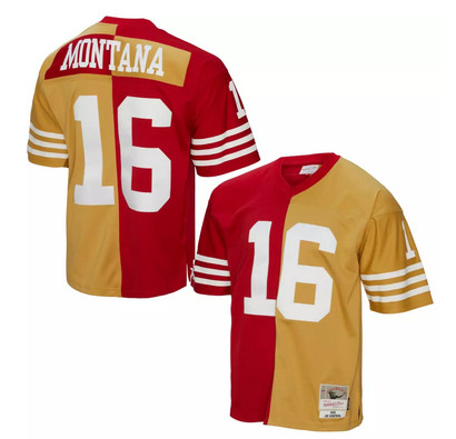 Men's San Francisco 49ers #16 Joe Montana Red Gold Split 1990 Throwback Stitched Jersey